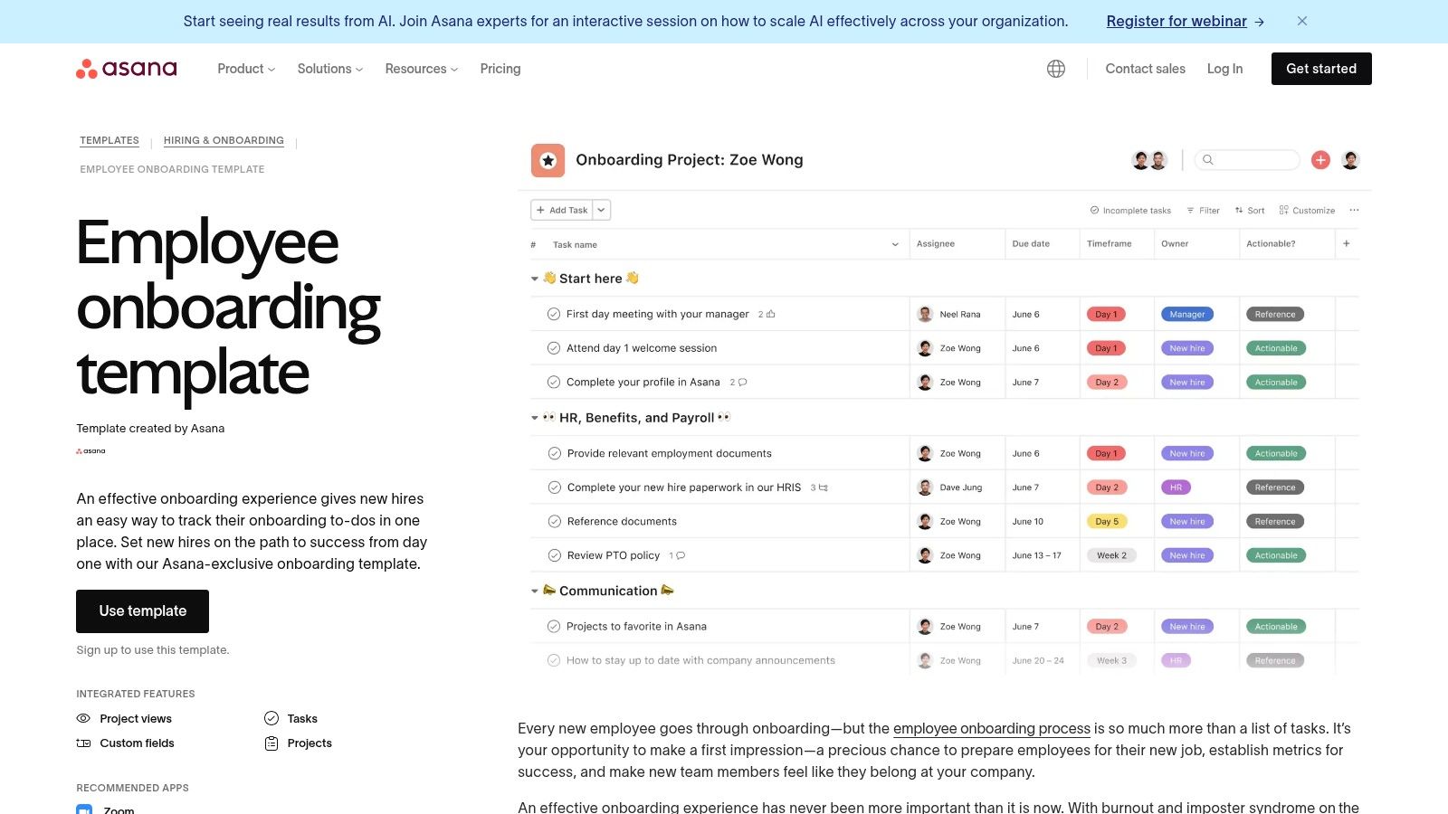 Asana New Hire Onboarding Template