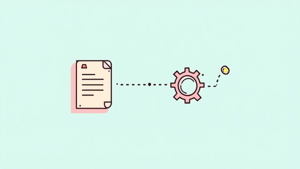 A digital interface showing an automated workflow with interconnected nodes and user profiles, representing a modern document approval system.