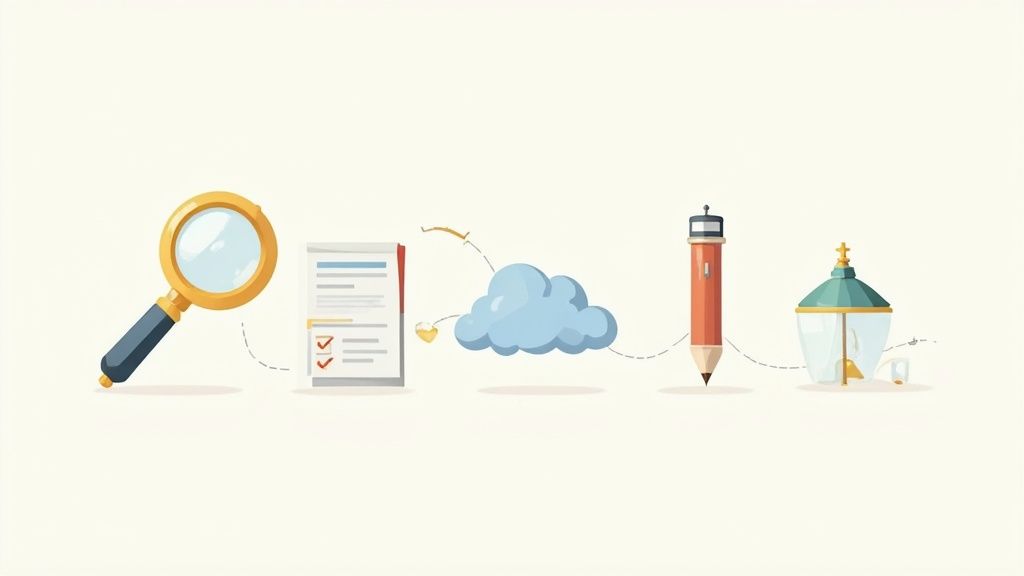 An illustrated graphic showing five icons representing different software capabilities connected by lines