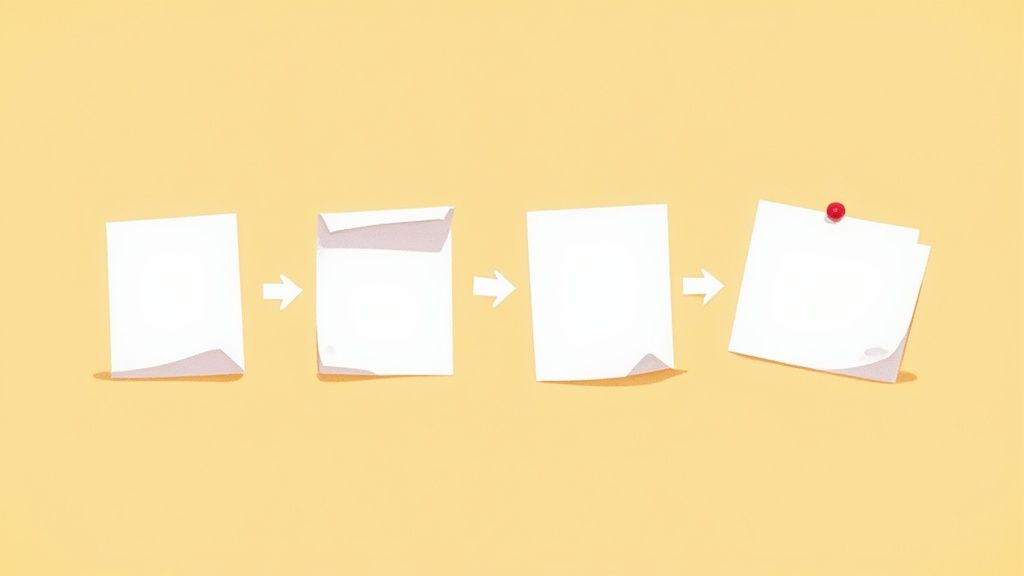 A person using sticky notes on a whiteboard to map out a workflow.