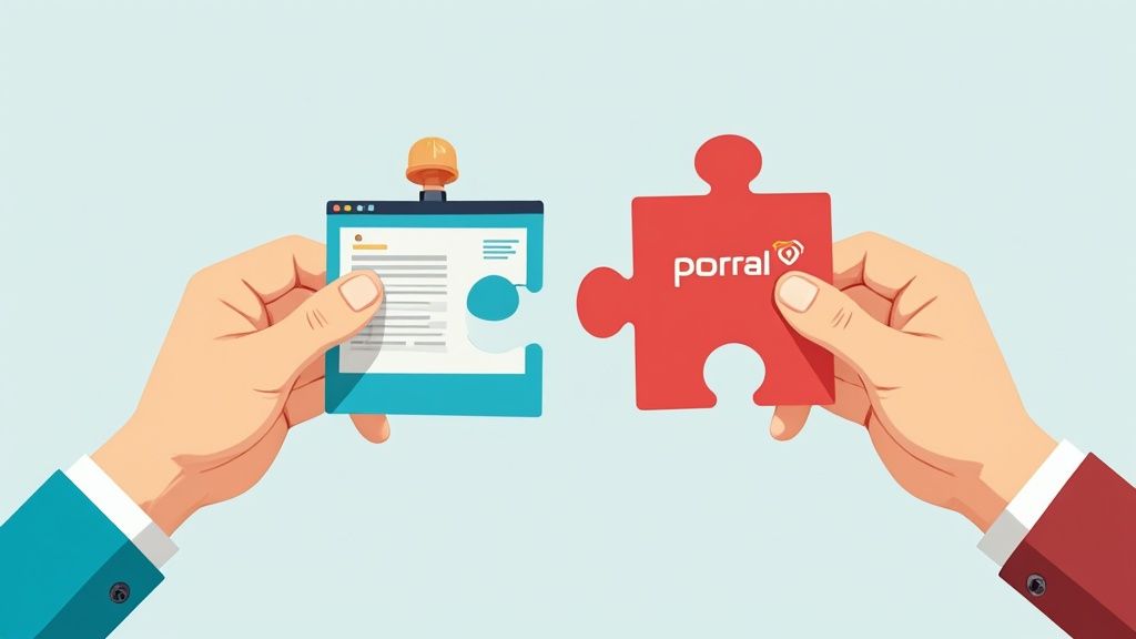 A professional woman points to a screen displaying various features of a white label client portal.