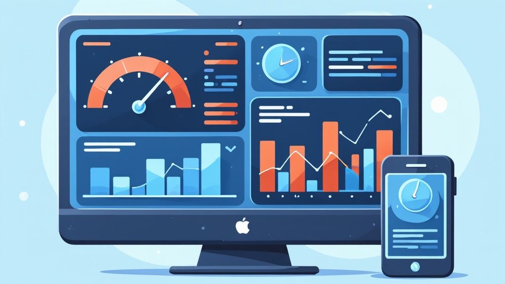 Illustration of a supplier onboarding portal on a screen with gears and automated workflows connecting it to other business systems.