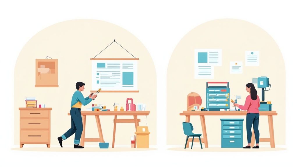 A person sitting at a desk organizing a stack of documents into folders, representing the process of document collection.