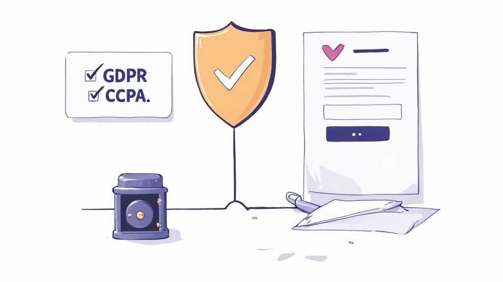 A shield icon hovering over a laptop, signifying data protection and compliance in digital file requests.