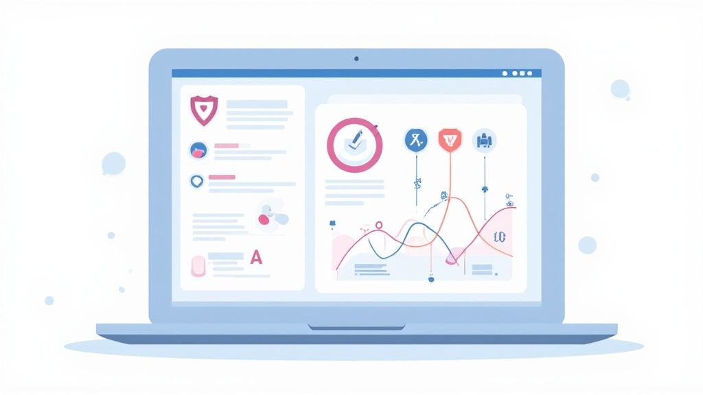 A futuristic interface showing data points and connections, symbolizing automated compliance technology.