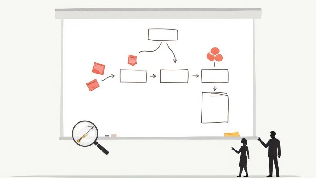 A professional drawing a workflow diagram on a whiteboard, illustrating the process of visually mapping business processes.