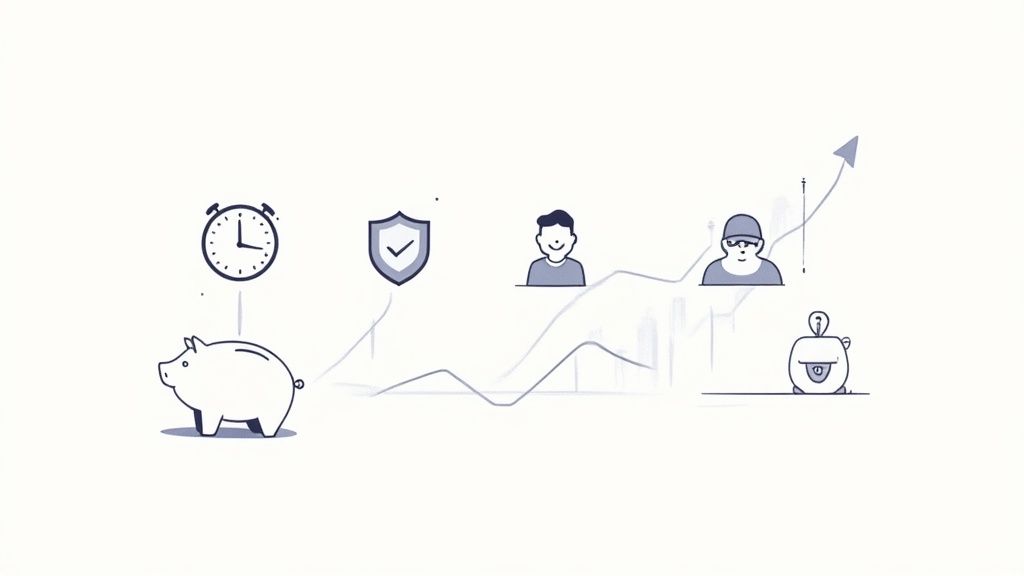 A chart with an upward-trending arrow superimposed over an office setting, representing business growth and efficiency gains from going paperless.