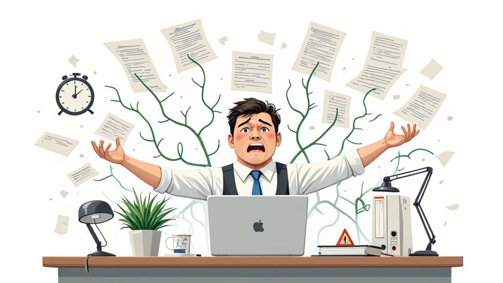 A professional working on a laptop, looking frustrated with a pile of paperwork nearby, symbolizing the inefficiency of old document request methods.