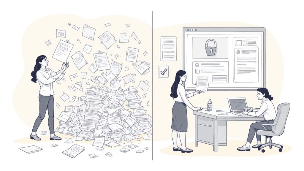 A comparison showing chaotic paper documents versus organized digital document management.