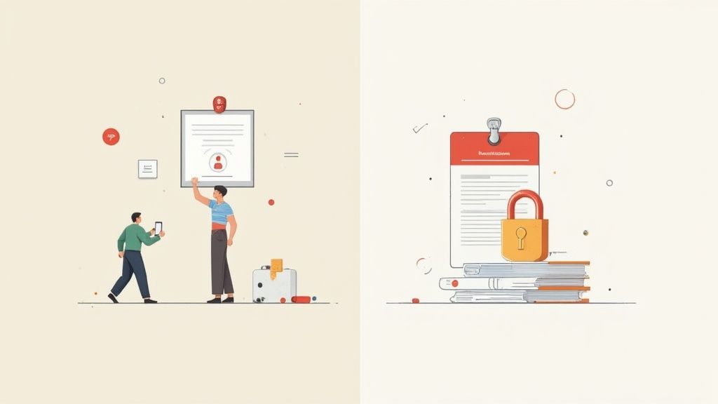 A person looking stressed while organizing scattered papers and digital files on a desk, representing the complexity of managing customer documents.