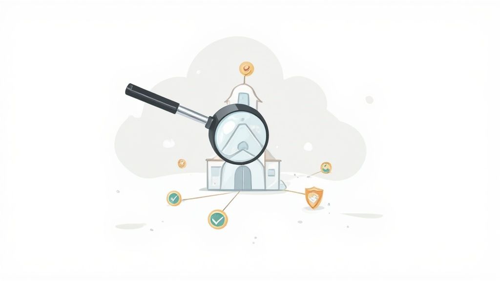 A magnifying glass hovering over business documents, symbolizing verification and due diligence.