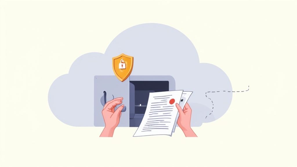 A digital lock icon overlaid on a folder, symbolizing the secure storage and compliance of supplier documents.