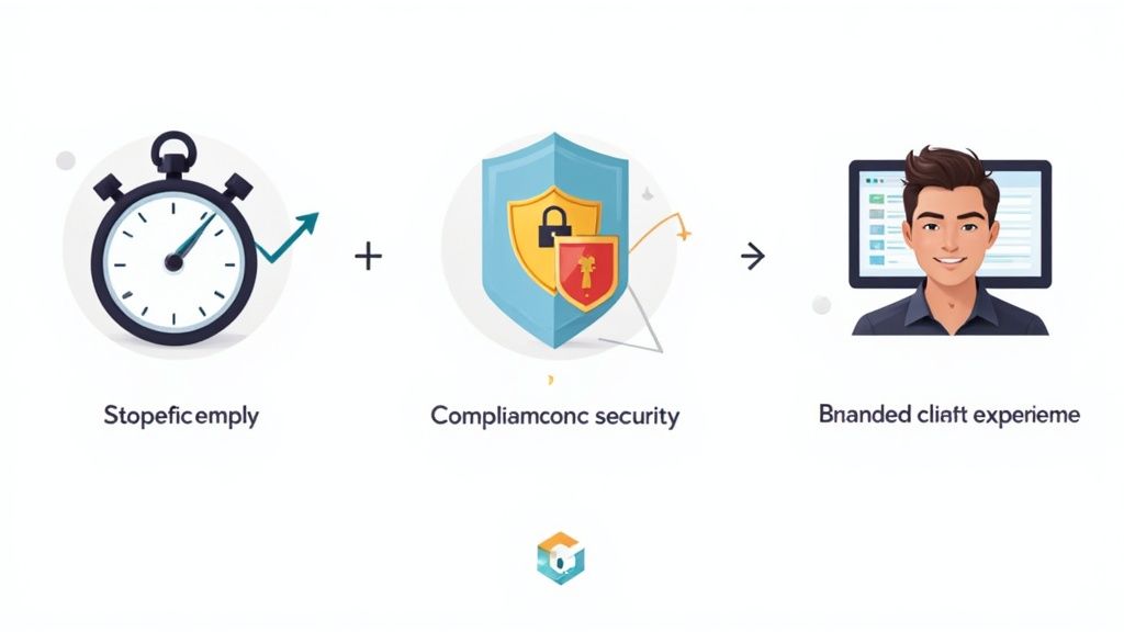 A professional smiling while reviewing documents on a tablet, showcasing a positive client experience.