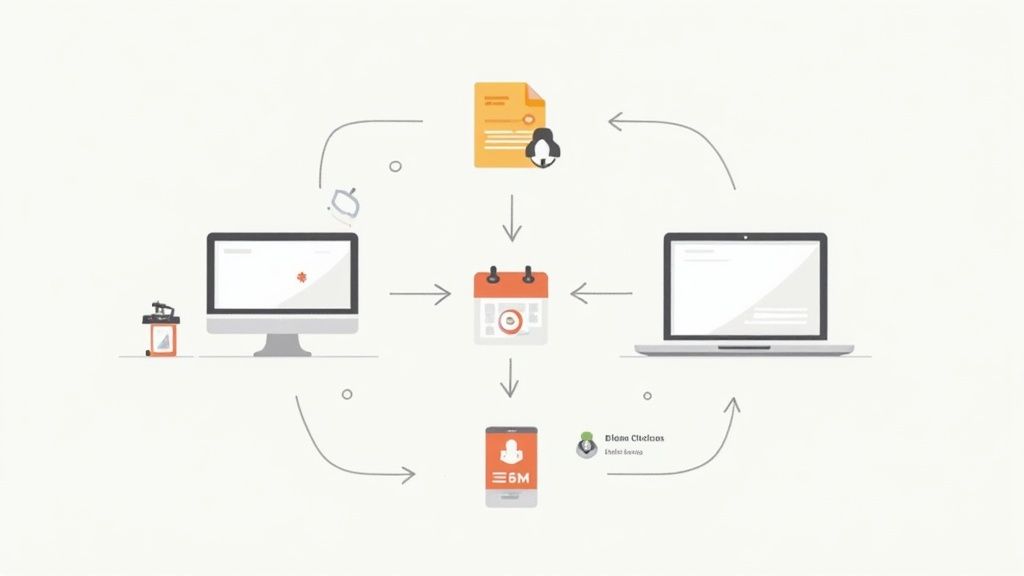 A visual representation of an automated workflow, showing gears and connecting lines moving between icons for documents, reminders, and notifications.