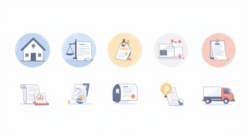 People in various professional uniforms—a real estate agent, a lawyer, a logistics manager—collaborating around a central digital hub, symbolizing cross-industry application of document collection.