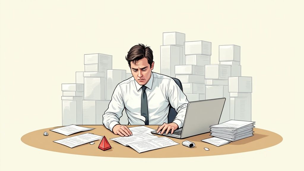 An employee looking stressed while reviewing stacks of paper, symbolizing the overwhelming nature of manual verification.