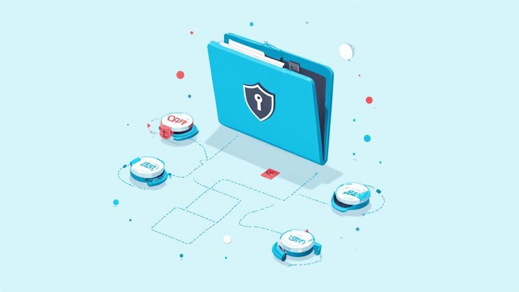 A person at a desk reviewing documents with security lock icons and compliance logos overlaid.