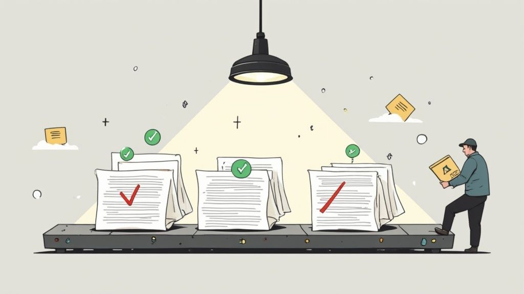 A workflow automation dashboard on a screen, showing documents being checked and validated with green checkmarks.