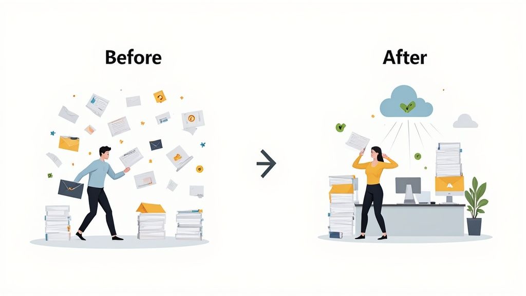 An organized desk with a laptop displaying a clean document management interface, symbolizing order.