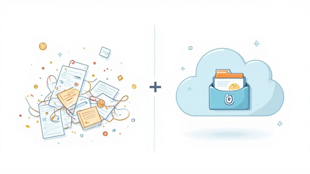 A person at a desk looking stressed with piles of paperwork and a chaotic computer screen, representing the struggle of clunky email attachments.