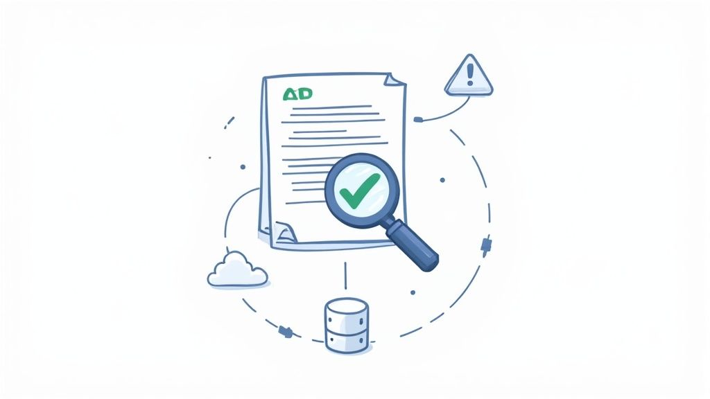 Illustration of a document with 'AD' being reviewed by a magnifying glass, connected to a 