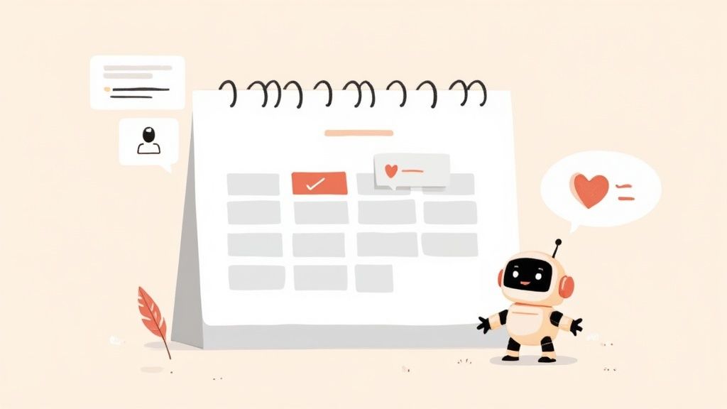 Friendly chatbot assistant pointing at calendar with heart icon showing automated scheduling and document collection