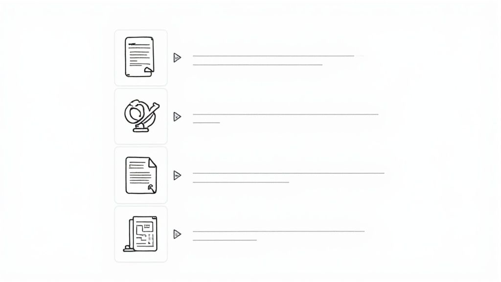 Four icons showing document upload, globe with pencil, document search, and floor stand with document options