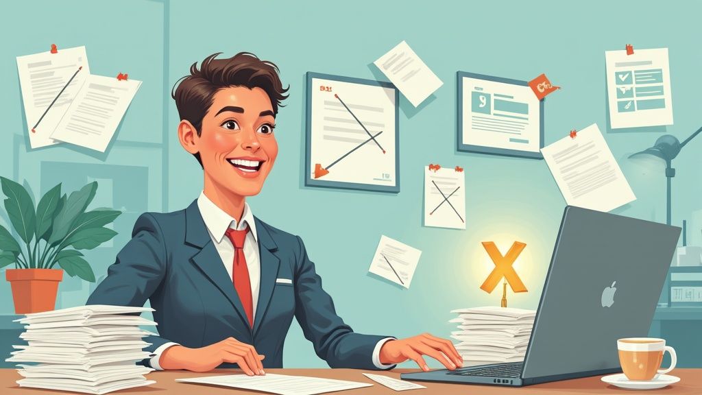 Professional businessman working at desk with laptop surrounded by documents and paperwork