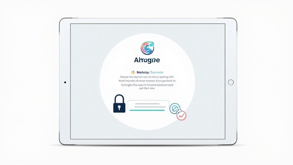 Tablet displaying Alragne security interface with padlock icon and document verification checkmarks illustration