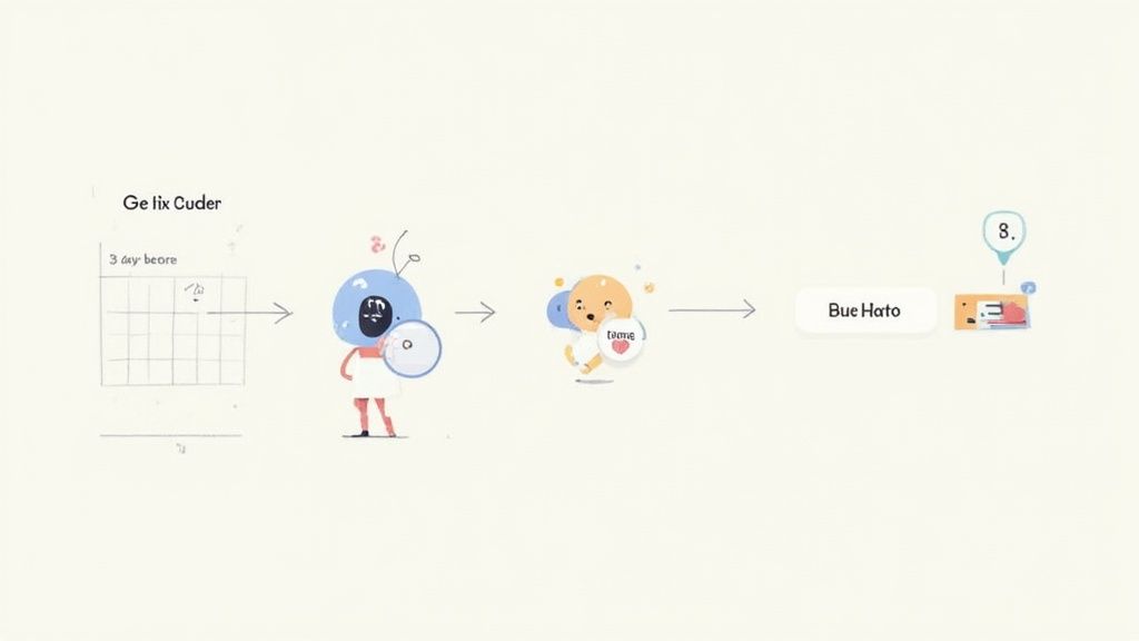 An illustrated flowchart showing a blue character evolving into an orange character, representing a 