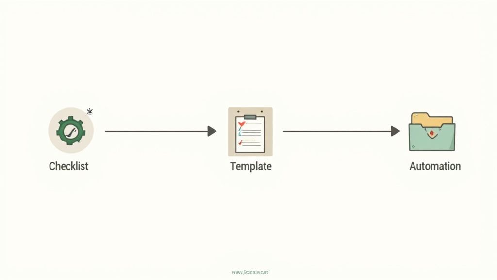 Visual representation of a process flow: Checklist leading to Template and then Automation.