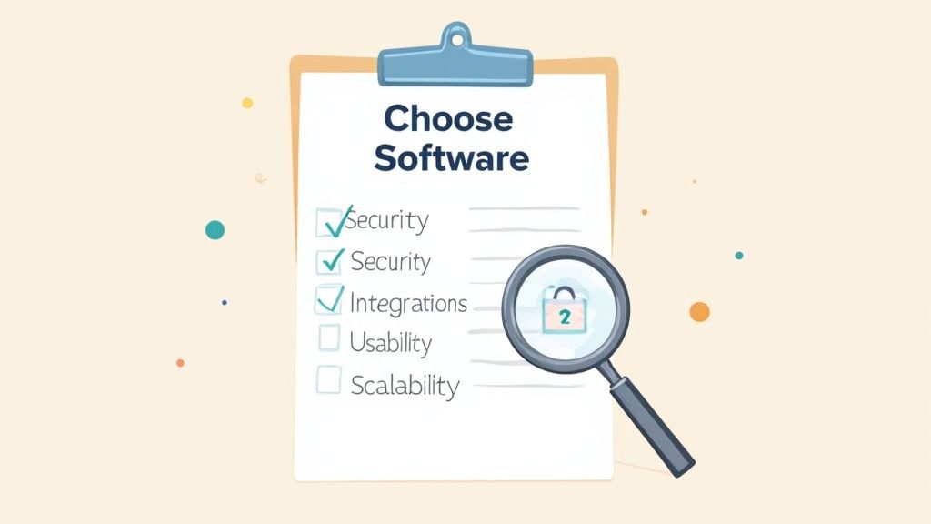 A person at a desk comparing software options on a checklist.