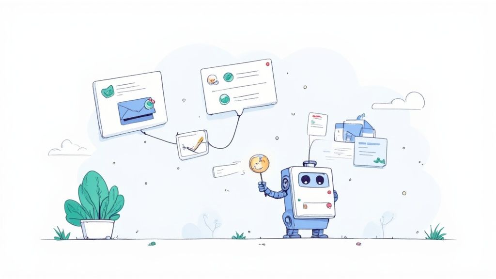 A stylized dashboard showing automated reminders being sent and documents being validated with green checkmarks, representing an efficient, automated system.