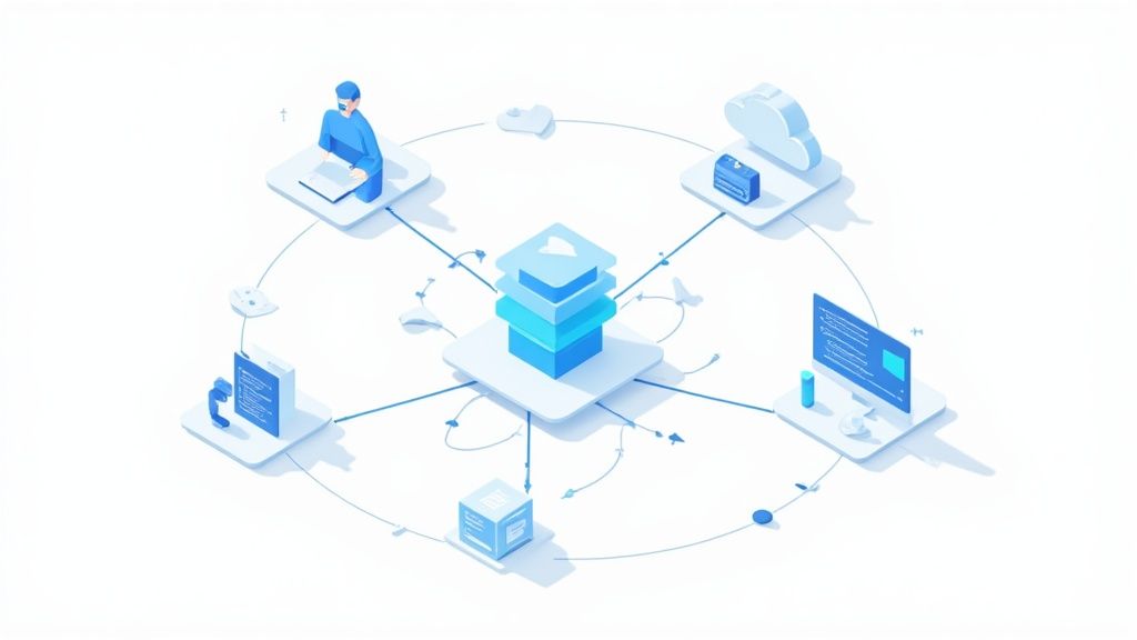 An isometric illustration of a digital ecosystem showing data flow between a central system, user, cloud, and documents.