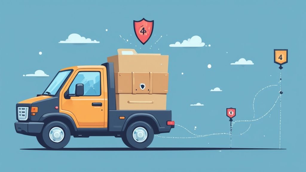 A cartoon delivery truck carries stacked boxes, with a security shield and progress path with milestones.