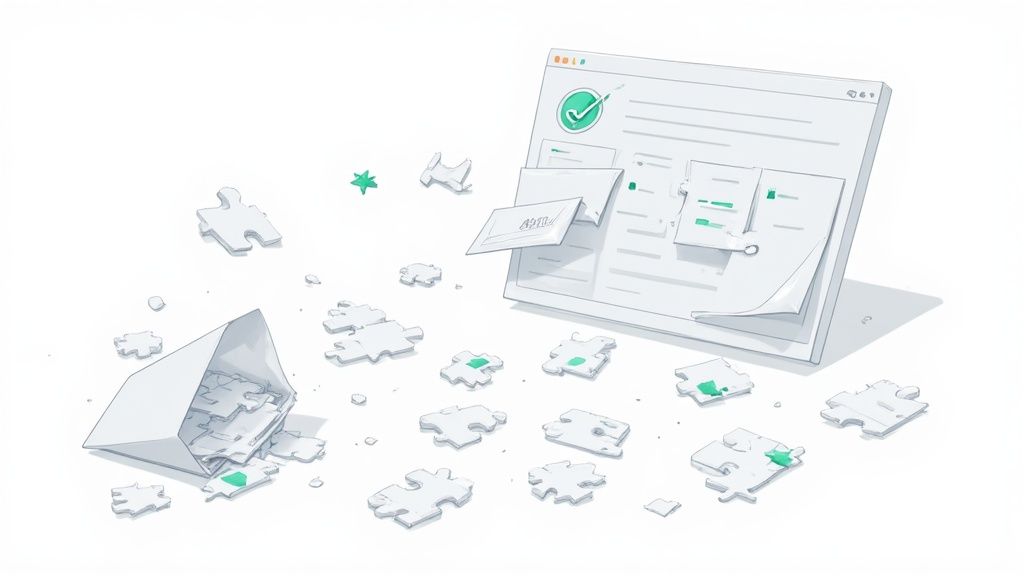 Illustration of scattered puzzle pieces organizing into a complete digital document on a screen.