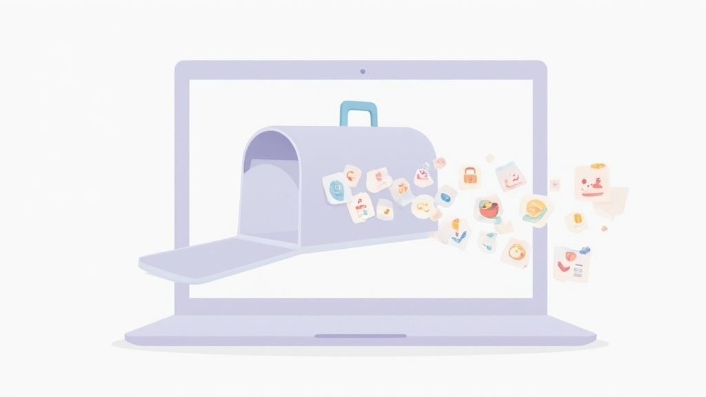 Digital documents and data flowing from a mailbox icon on a laptop screen, symbolizing information t