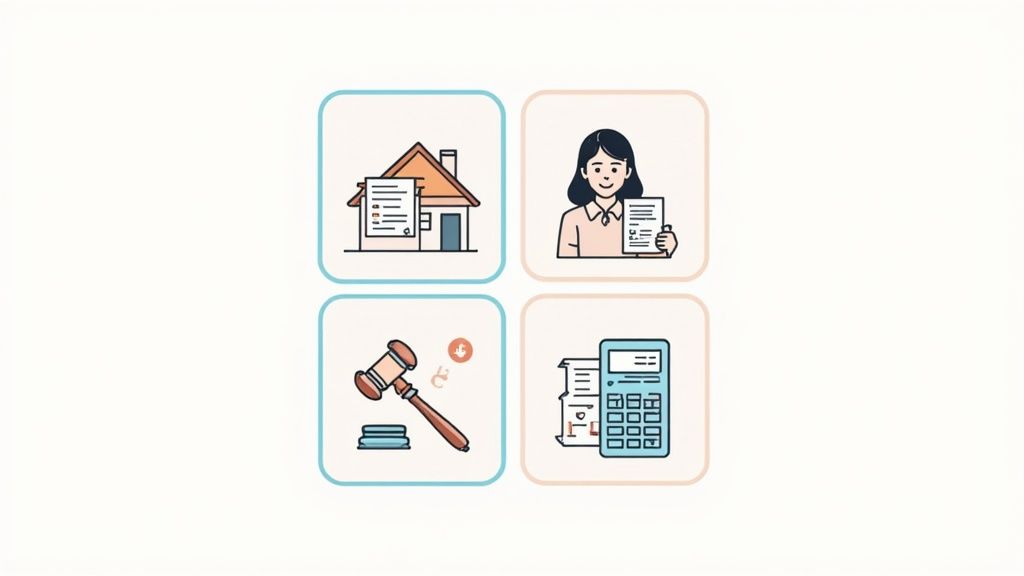 Four icons depicting property documents, a legal advisor, a gavel with currency, and a calculator wi