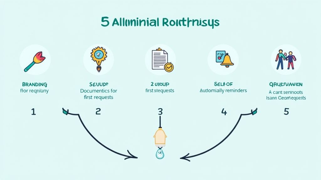 A five-step process diagram with icons for branding, document collection, reminders, and people.