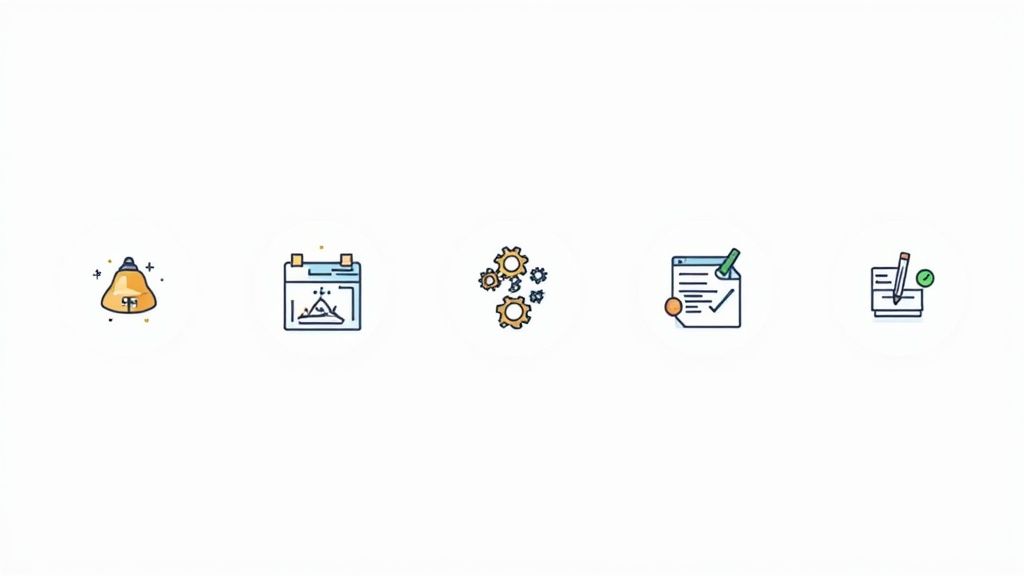 Five vibrant icons representing a bell, calendar, gears, and two document management concepts.