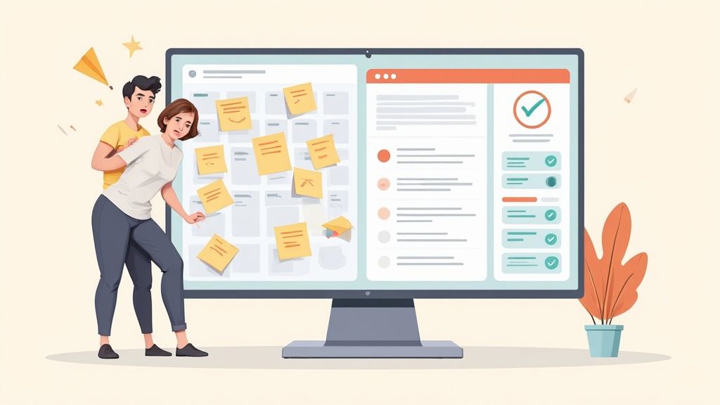Two people collaborating on a large computer screen displaying a digital kanban board and tasks.