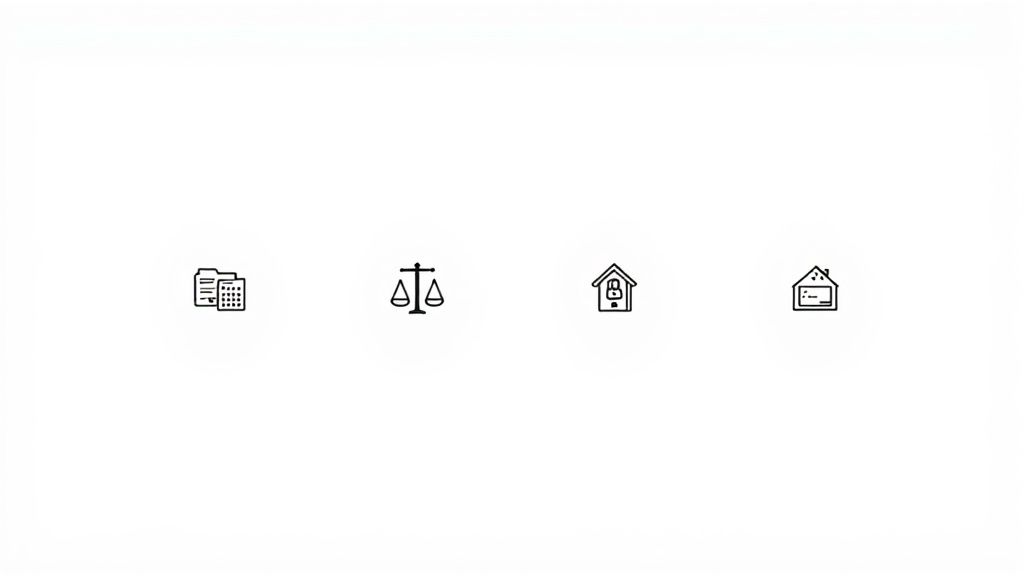Line art icons depicting documents, scales of justice, a locked house, and a house with a chart.