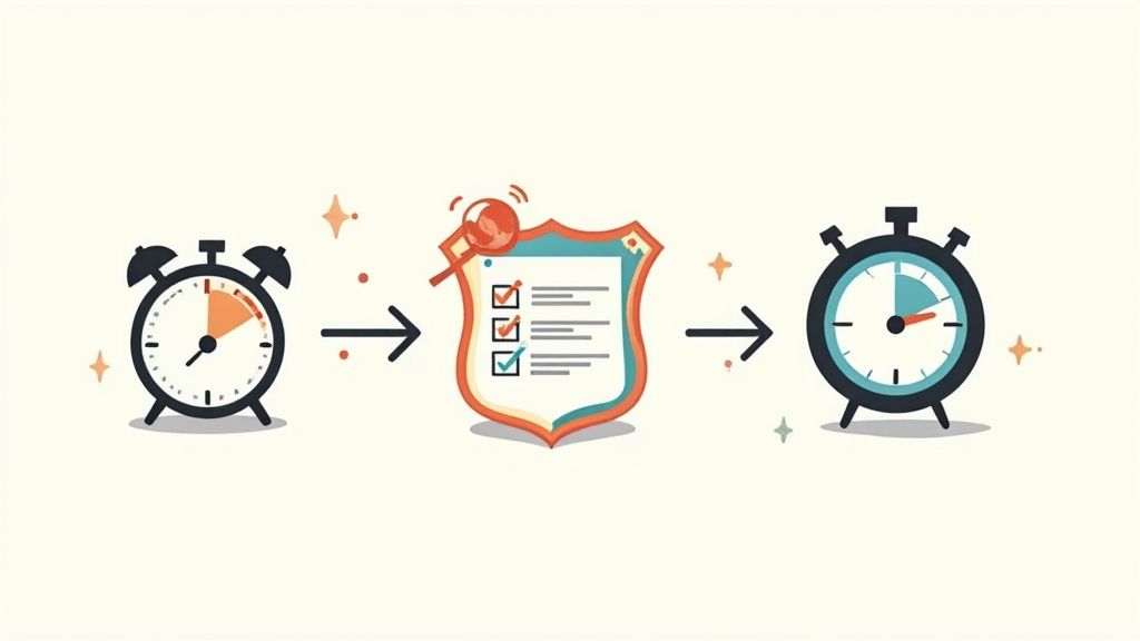 Illustration showing an alarm clock, a secure document checklist, and a stopwatch, representing time