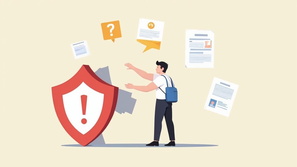 A professional reviewing compliance documents on a tablet, symbolizing protection and order