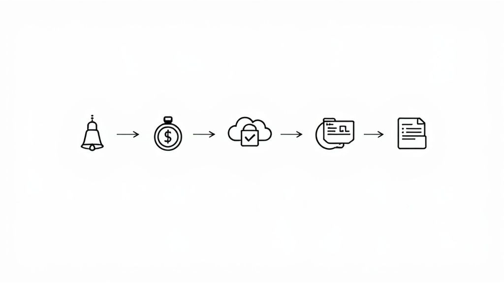 A workflow diagram showing the five stages of document collection request, submission, validation, storage, and tracking.