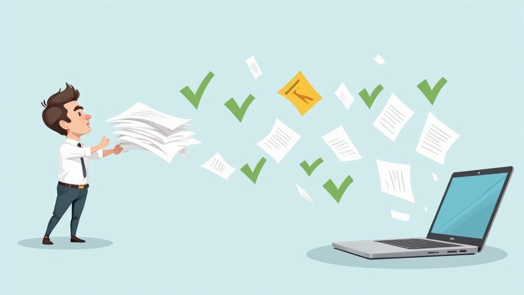 A person at a desk managing multiple documents on a computer screen, symbolizing efficient document collection.