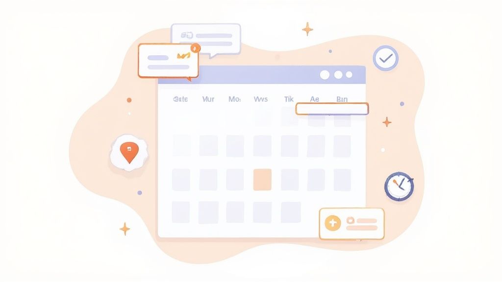 Calendar interface with highlighted date, notification icons, location pin, and clock showing scheduling features