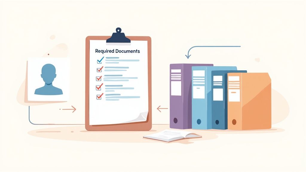 Illustration showing document checklist with files and user profile for organization workflow