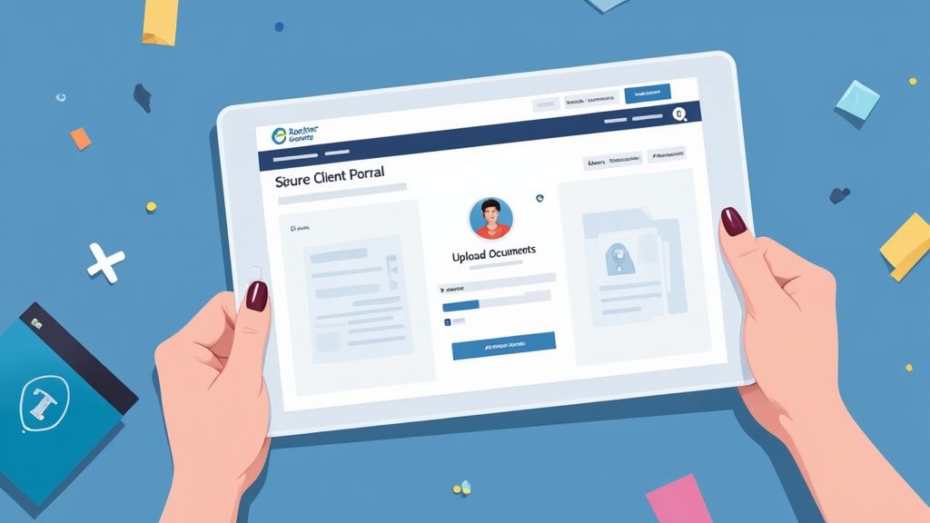 Person using tablet to access secure client portal for uploading documents online