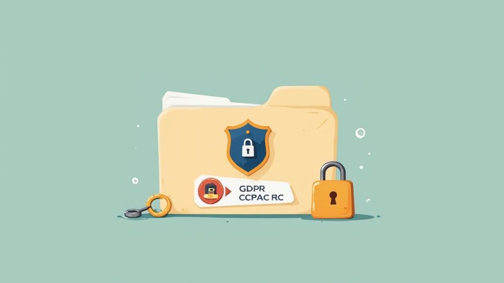 Secure folder with GDPR CCPA compliance badges, padlock and magnifying glass representing data protection